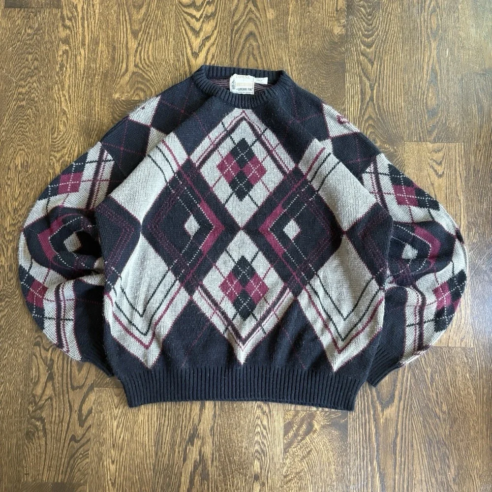 Vintage 80s 90s London Fog Argyle Sweater XXLT Made in USA Indie Grunge Acrylic